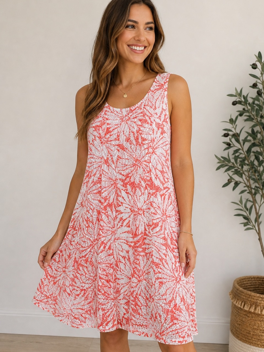 Perceptions Petite Coral White Lace Floral Sleeveless Dress PM